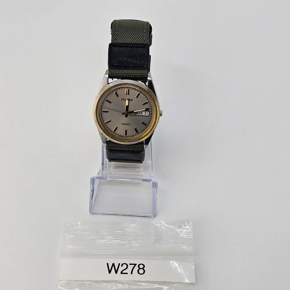 VTG Pulsar Men's Watch 35MM Gray Dial Day Date New Canvas‎ Bands New Battery